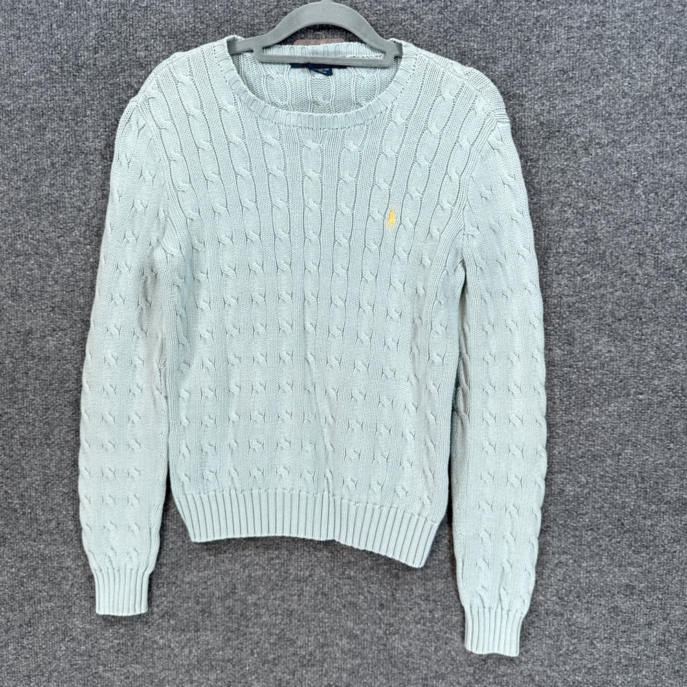 Ralph Lauren Sweater Womens Medium Blue Cable Knit Pony Crew Neck Pullover